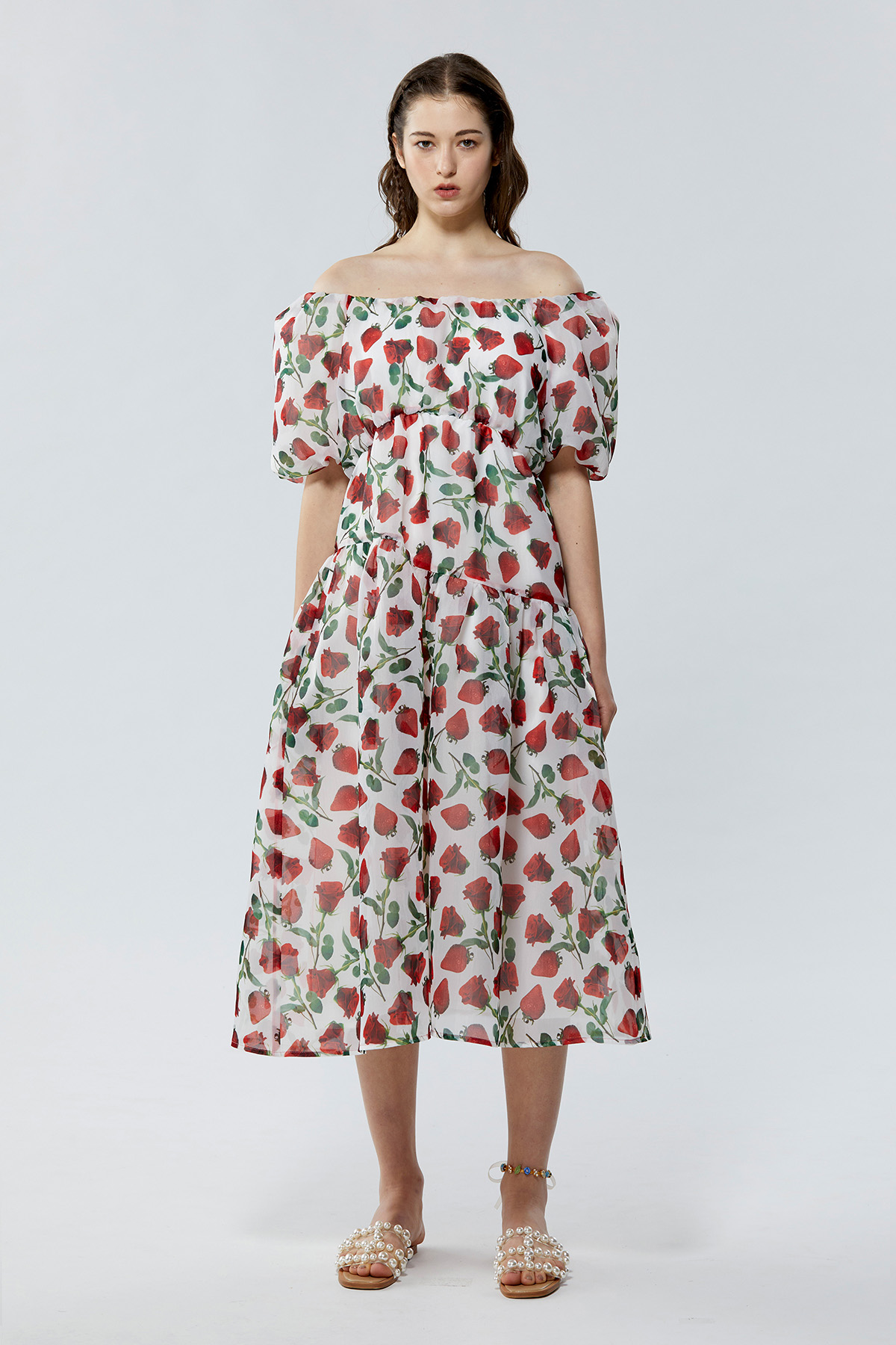 草莓玫瑰泡泡袖中長款連衣裙