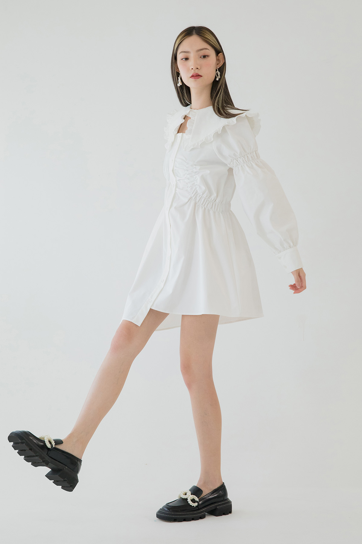 白色褶皺縮腰襯衫裙 (兩件套,領可拆)